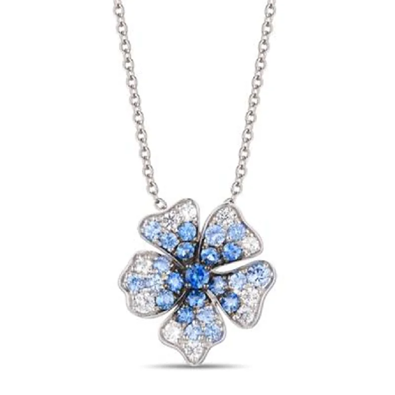 14K White Gold 1.39ctw White & Blue Sapphire Ombre Flower Necklace by Le Vian