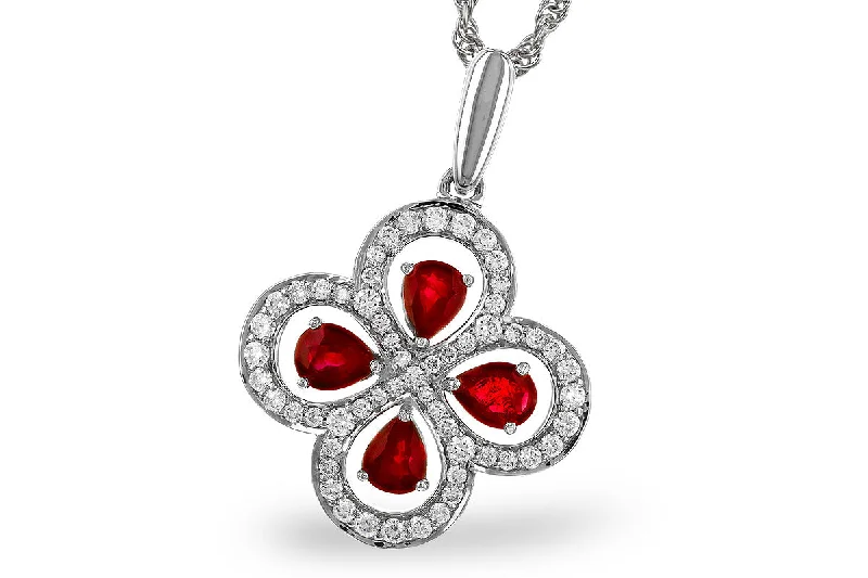 14K White Gold 0.96ctw Ruby & Diamond Clover Necklace by Allison Kaufman