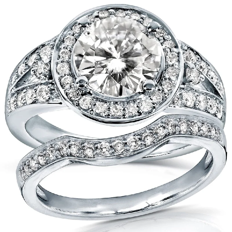 Annello by Kobelli 14k Gold 1 1/2ct TGW Round Moissanite and 1/2ct TDW Diamond Halo Bridal Ring Set (GH/VS, GH/I)