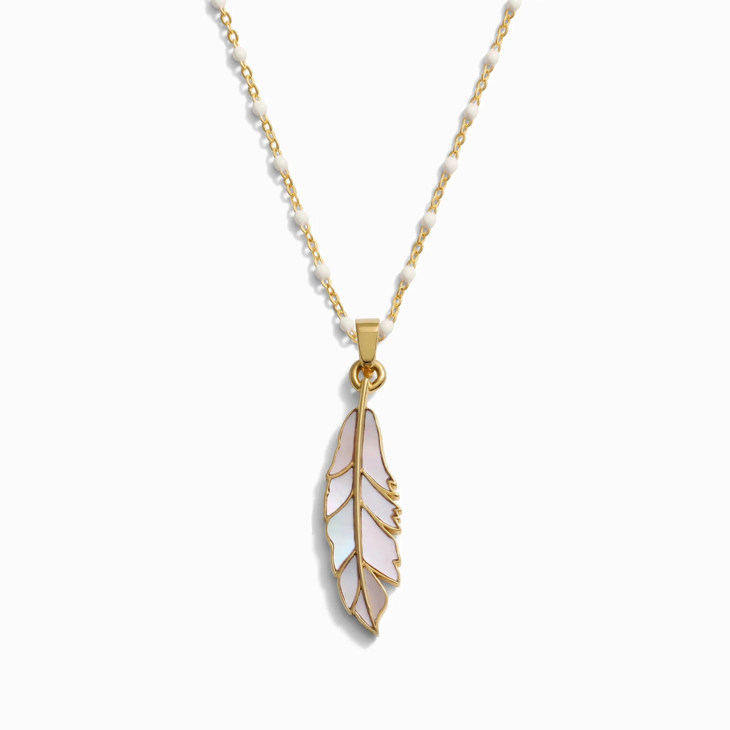 Mother of Pearl Feather White Enamel Necklace