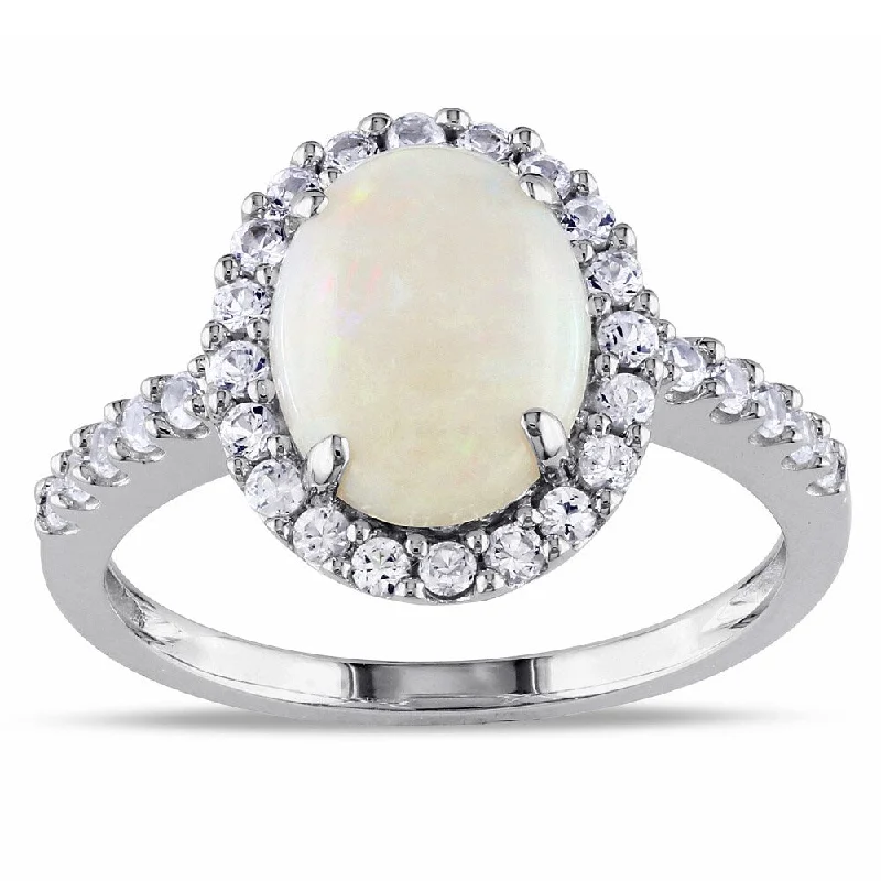 Miadora 10k White Gold 2 1/4ct TGW Opal and Created White Sapphire Ring