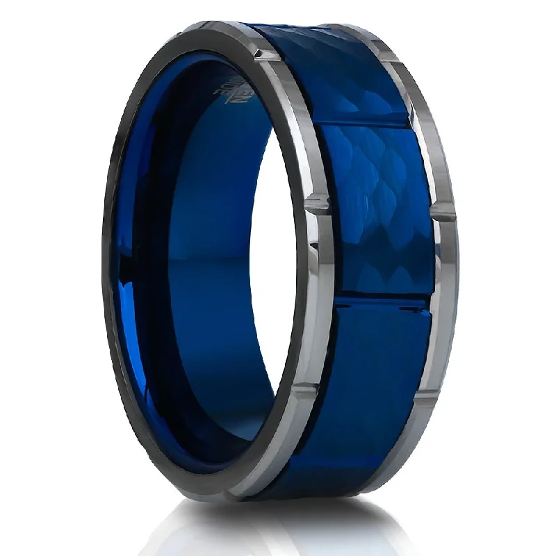 Blue Tungsten Wedding Ring 8Mm Hammered Finish Silver Edges Comfort Fit