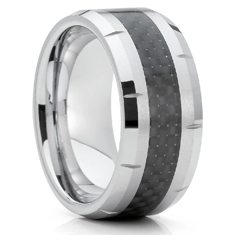 Tungsten Carbide Wedding Ring 9Mm Mens Carbon Fiber Comfort Fit Band Size 715 - Silver