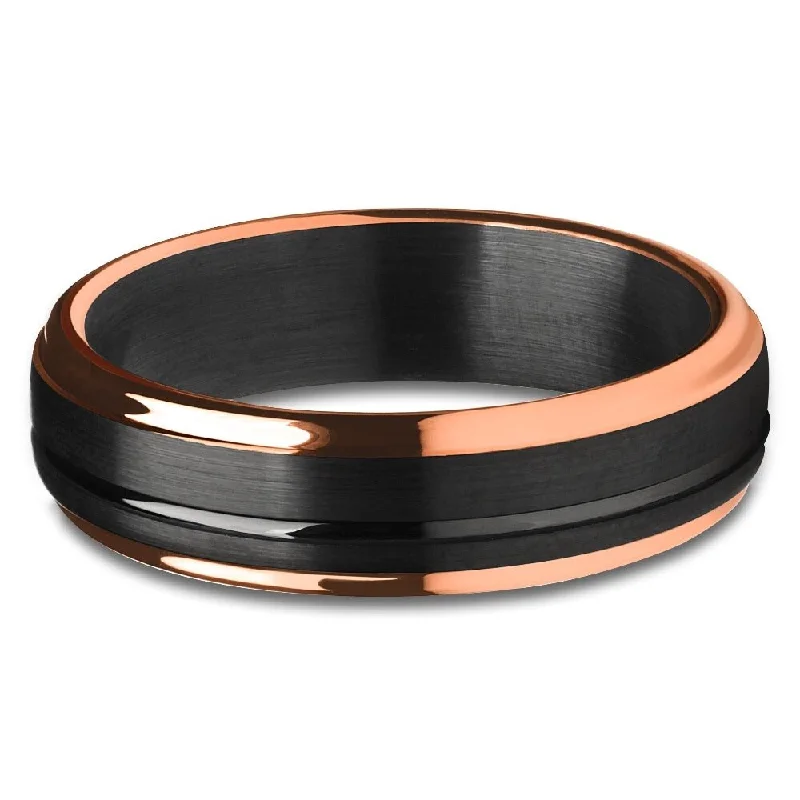 6Mm Black Tungsten Wedding Ring With Rose Gold Ip Plating Comfort Fit Sizes 613