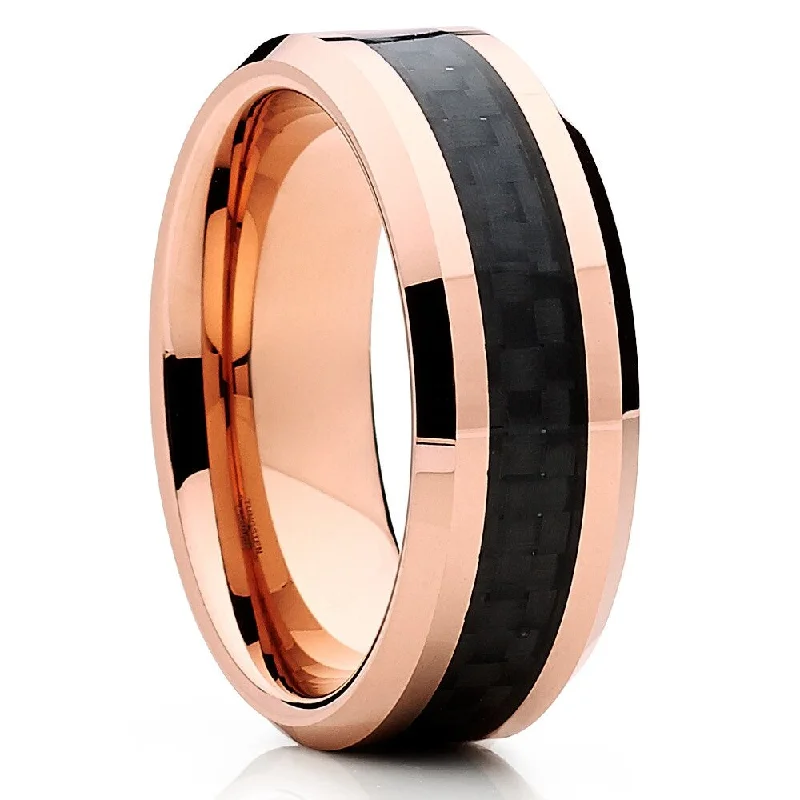 8Mm Rose Gold Tungsten Carbide Wedding Ring With Carbon Fiber Comfort Fit