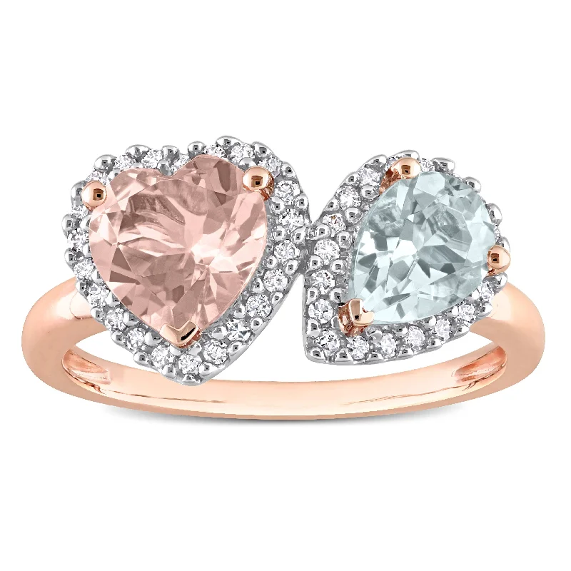 Miadora Morganite Aquamarine and 1/5ct TDW Diamond Heart and Teardrop Ring in 10k Rose Gold