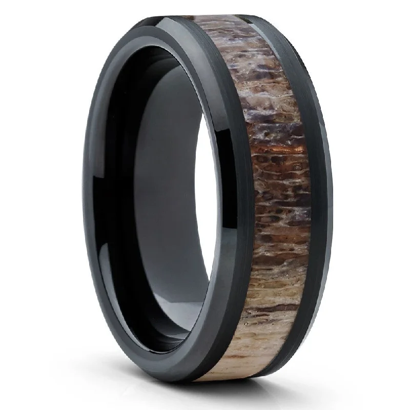 Deer Antler Wedding Ring 8Mm Black Tungsten Carbide Comfort Fit Cobalt Free