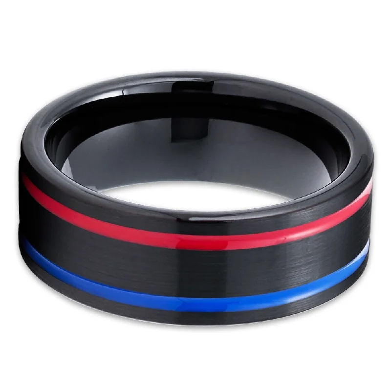 Black Tungsten Wedding Ring 8Mm Red Blue Inlay Comfort Fit Cobalt Free