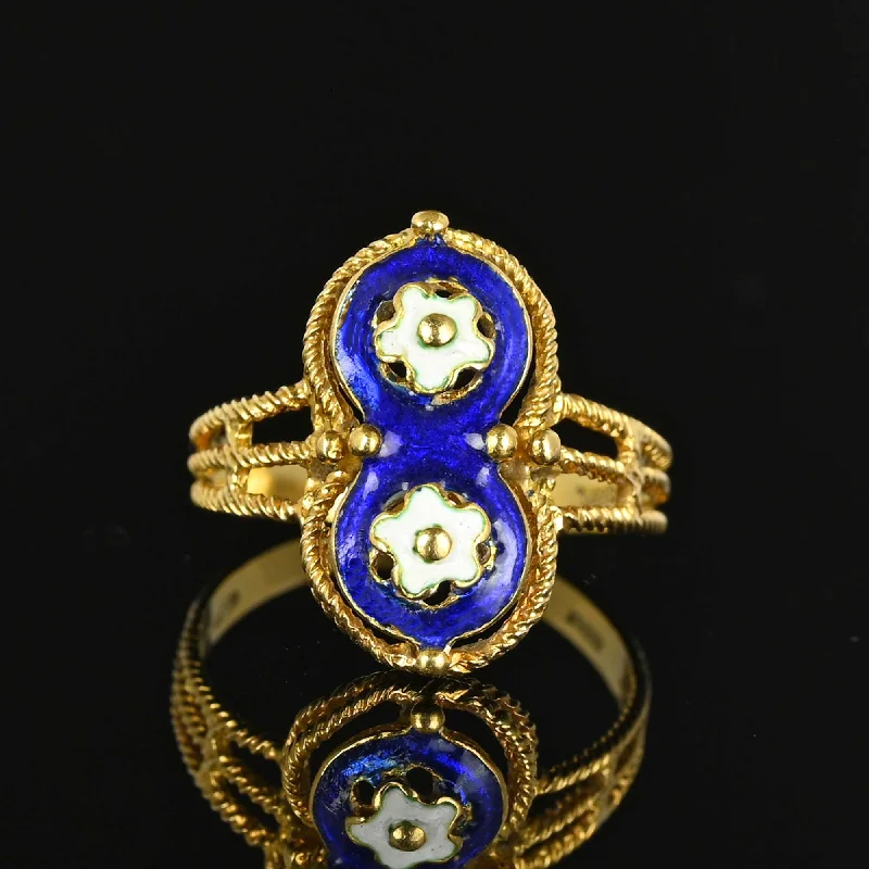 Fine 18K Gold Blue Guilloche Enamel Floral Ring