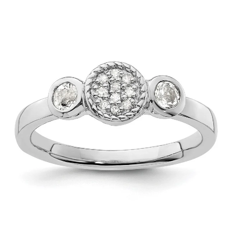 Curata 925 Sterling Silver Bezel Polished Prong set Stackable Expressions Db Round White Topaz and Dia. Ring