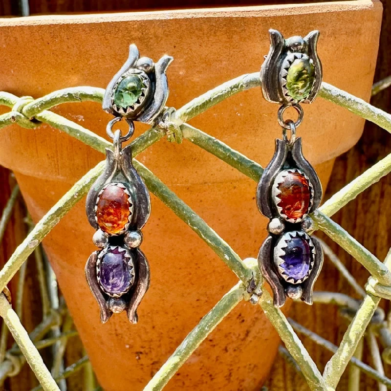 Sterling Silver Peridot Amethyst  Amber Pierced Earrings