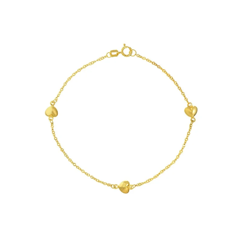 14K Yellow Gold Puffy Heart Station Trio Bracelet