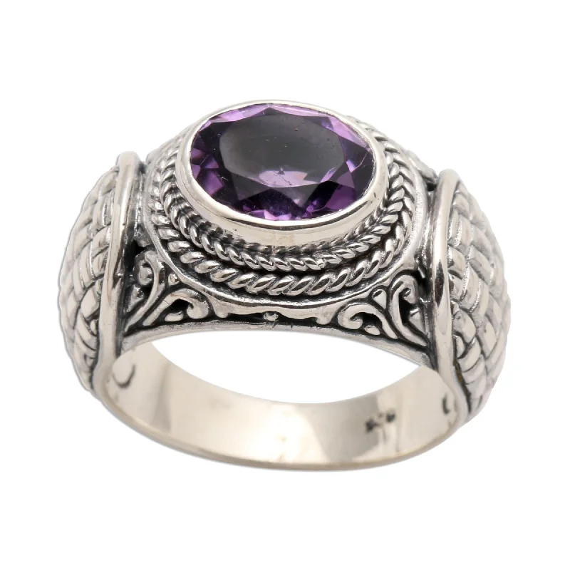 Novica Handmade Woven Vines Amethyst Signet Ring