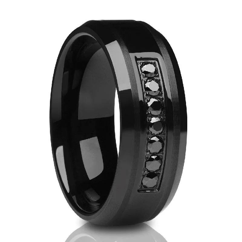 Black Tungsten Wedding Ring 8Mm Comfort Fit Cz Inlay Cobalt Free Tungsten Carbide