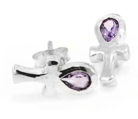 Sterling Silver Amethyst Egyptian Ankh of Life Stud Post Earrings