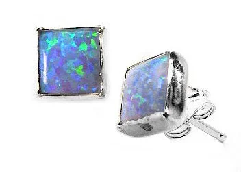 Sterling Silver Square Created Opal Stud Post Earrings