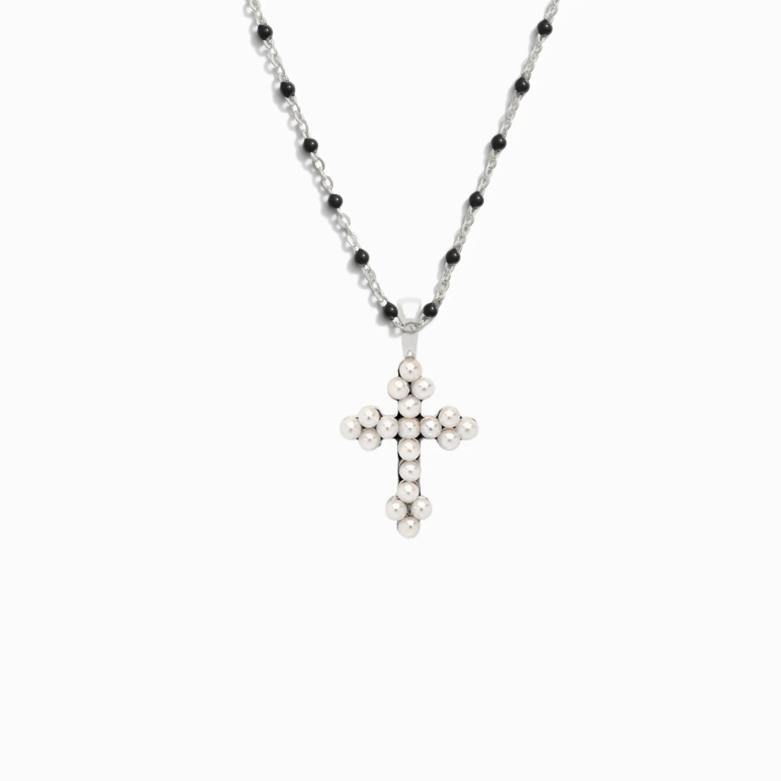 Pearl Cross Necklace with Black Enamel Chain