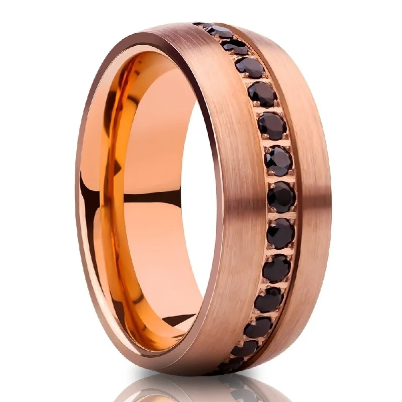 Rose Gold Tungsten Wedding Ring 8Mm Black Cz Inlay Comfort Fit Cobalt Free