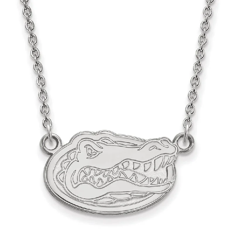 14k White Gold U of Florida Small Gator Disc Pendant Necklace