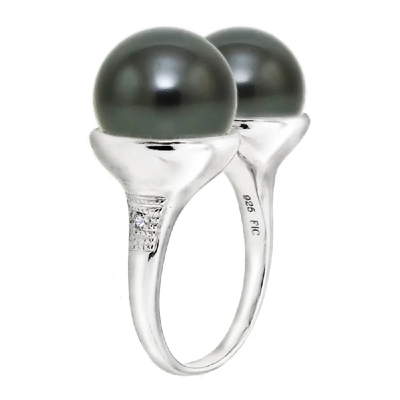 DaVonna Sterling Silver 10-11mm Tahitian Pearl and Diamond Accent Ring - Black