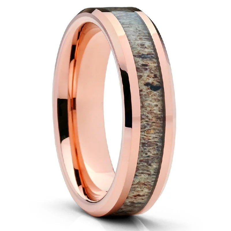 Deer Antler Inlay Tungsten Wedding Ring 6Mm Rose Gold Comfort Fit Cobalt Free