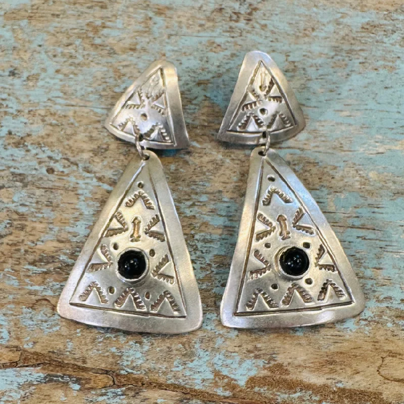 Sterling Silver Southwestern Onyx Pierced Earrings Mexico Nicole