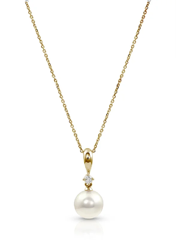 14K Yellow Gold 7-7.5mm Akoya Pearl & Diamond Drop Necklace