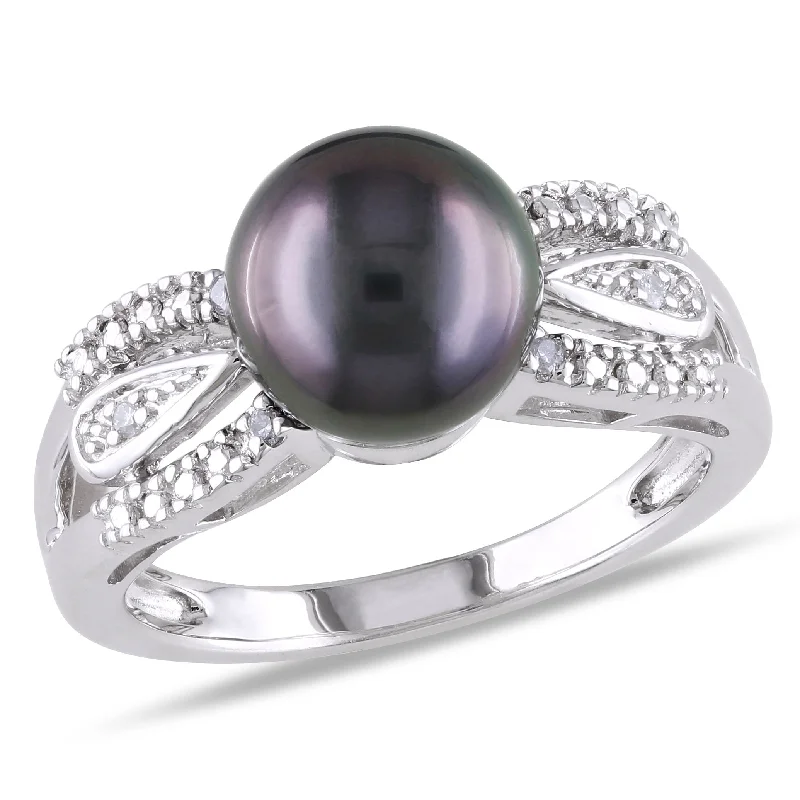 Miadora 9-9.5mm Black Tahitian Pearl and Diamond Split Shank Ring in Sterling Silver