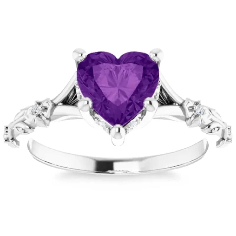 7mm Amethyst Vintage Diamond Heart Shape Leaf Ring in White or Yellow Gold