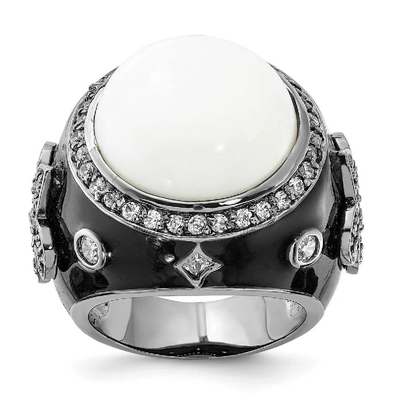 Curata Black Plated 925 Sterling Silver Enamel Simulated White Agate and Cubic Zirconia Ring