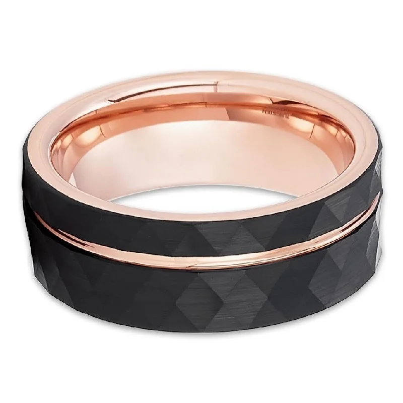 Rose Gold Tungsten Wedding Ring 8Mm Hammered Comfort Fit Cobalt Free Ip Plating