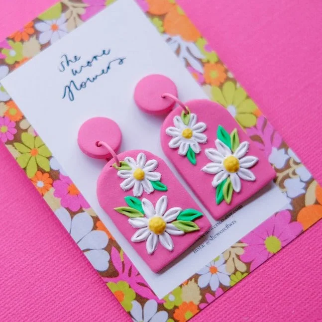 She Wore Flowers Dangles - Bright Pink Bouquet Rectangle