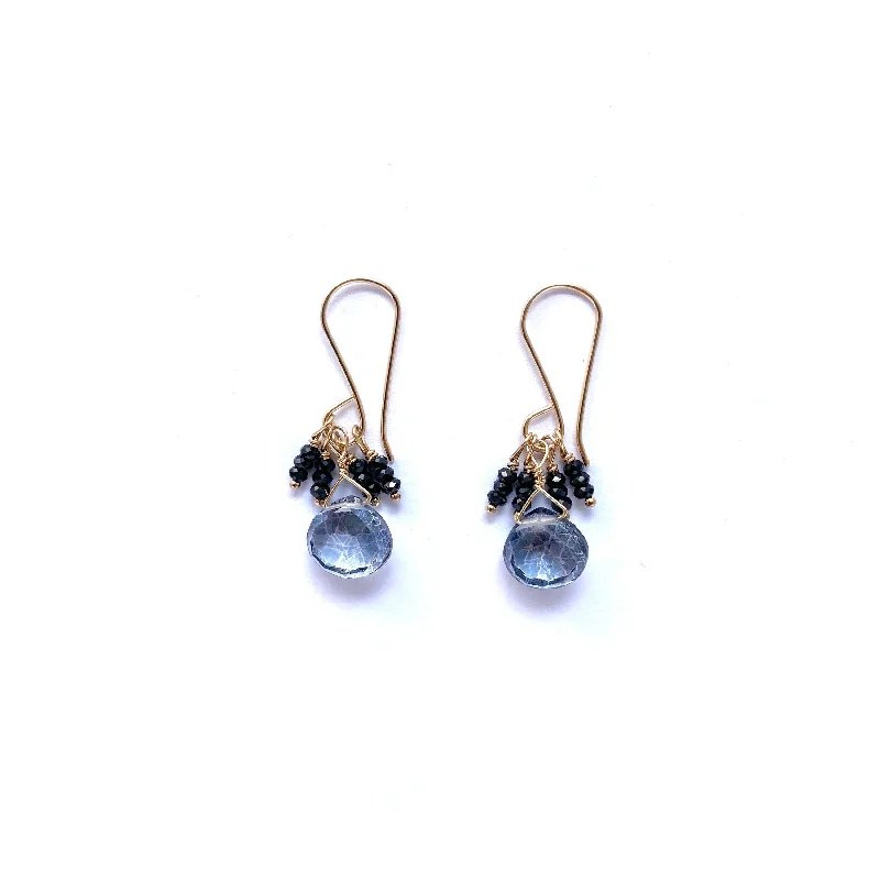 Black spinel and grey quartz bead earring