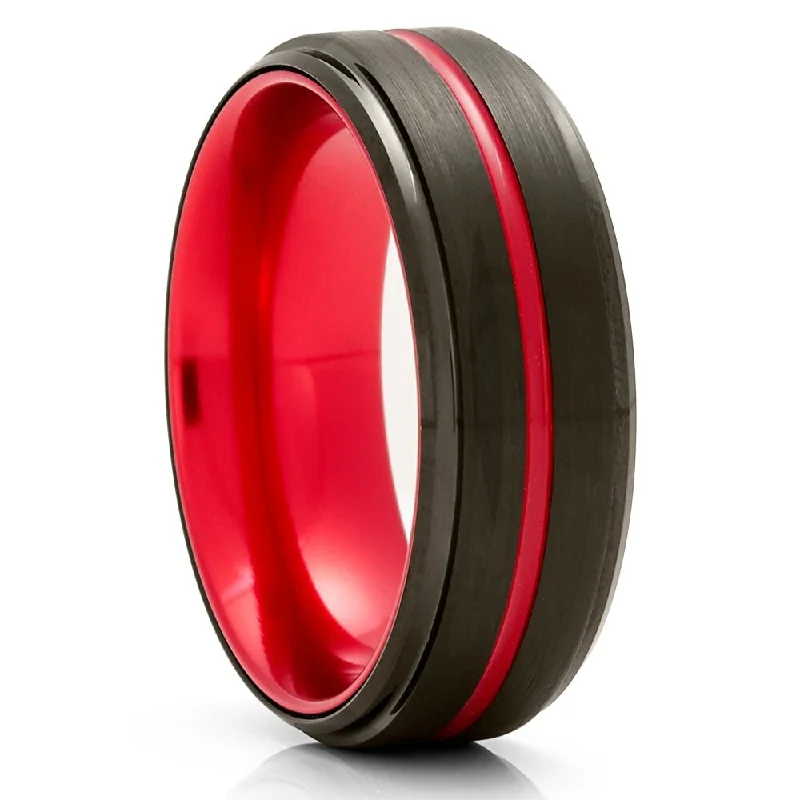 Black Tungsten Wedding Ring 8Mm Red Groove Comfort Fit Cobalt Free