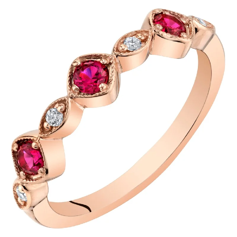 Rose Tone Created Ruby Marquise and Round Stackable Ring