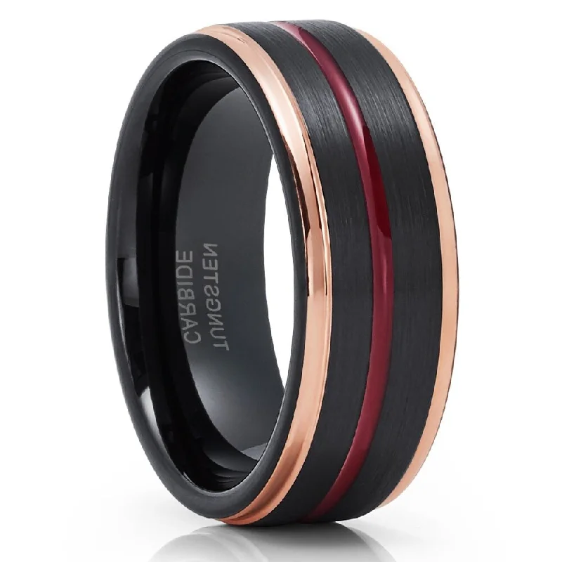 Maroon Black Tungsten Wedding Ring 8Mm Rose Gold Inlay Comfort Fit Size 513