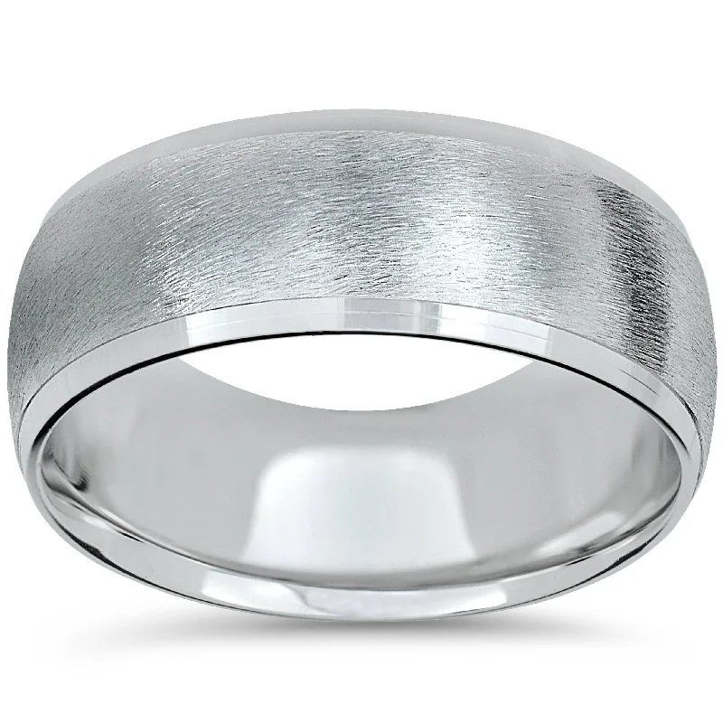 Mens 14K White Gold 8mm Beveled Wedding Ring Band Brush