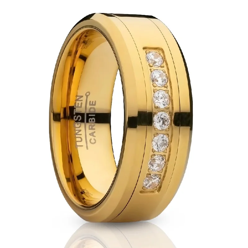 Mens Yellow Gold Tungsten Ring 8Mm Comfort Fit Cz Inlay Wedding Band