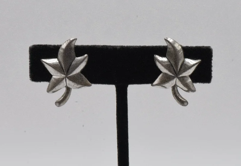 Jewel Art - Vintage Sterling Silver Stylized Leaf Screw Back Earrings