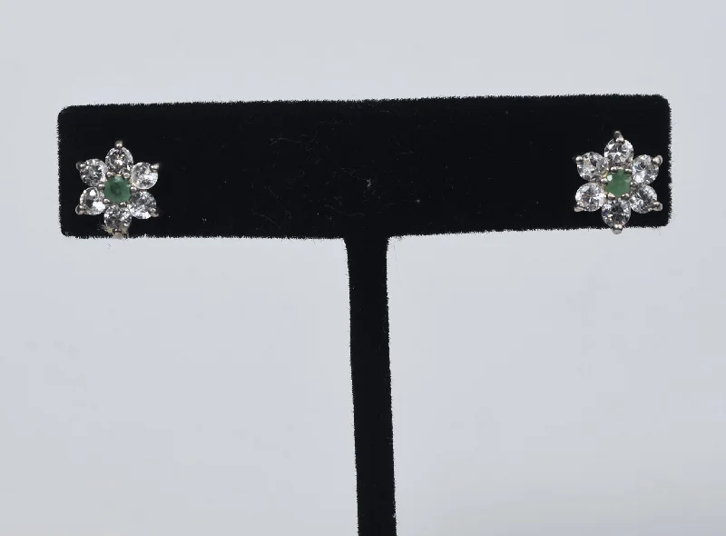 Emerald and Cubic Zirconia Flower Sterling Silver Stud Earrings