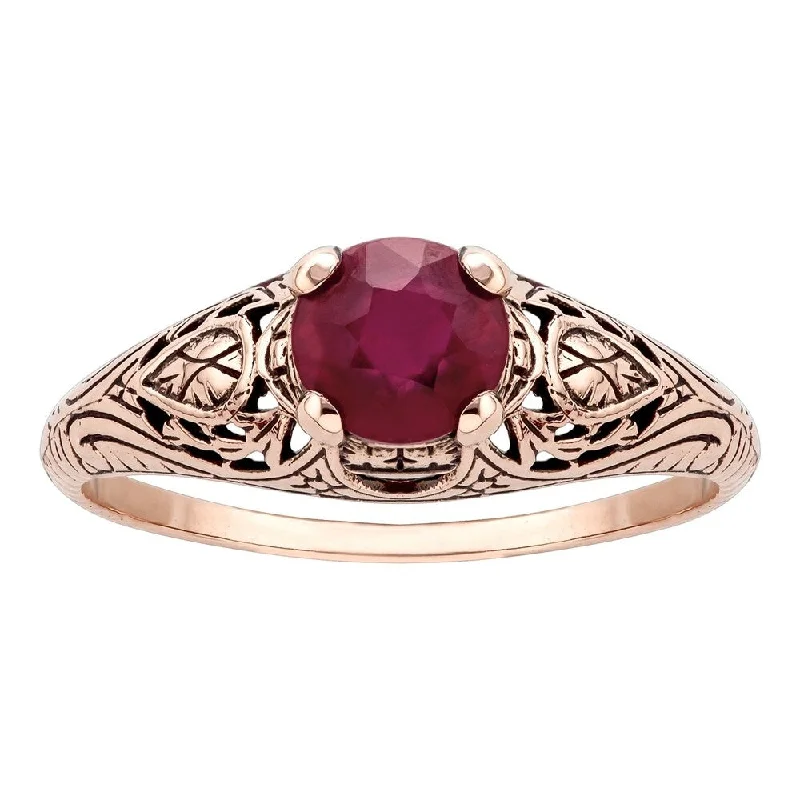 Viducci 10k Rose Gold Vintage Style Genuine Ruby Scroll Ring