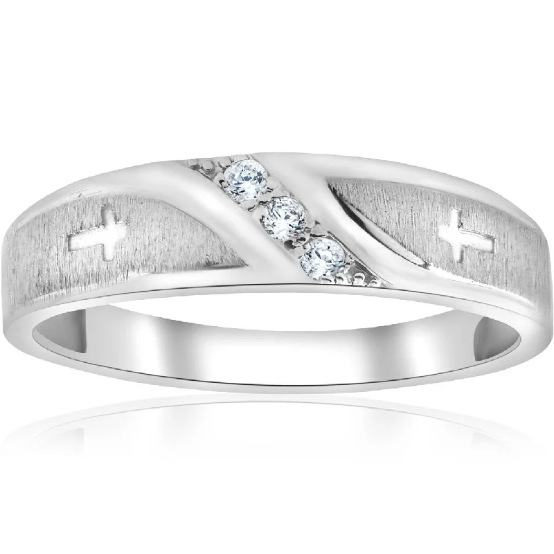 1/10 ct Mens Diamond Cross Wedding Anniversary Ring White Gold