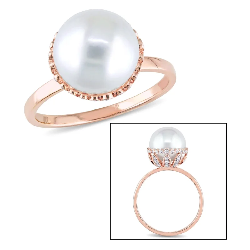 Miadora 14k Rose Gold White Cultured Freshwater Pearl and 1/4ct TDW Diamond Halo Ring (9.5-10 mm) (G