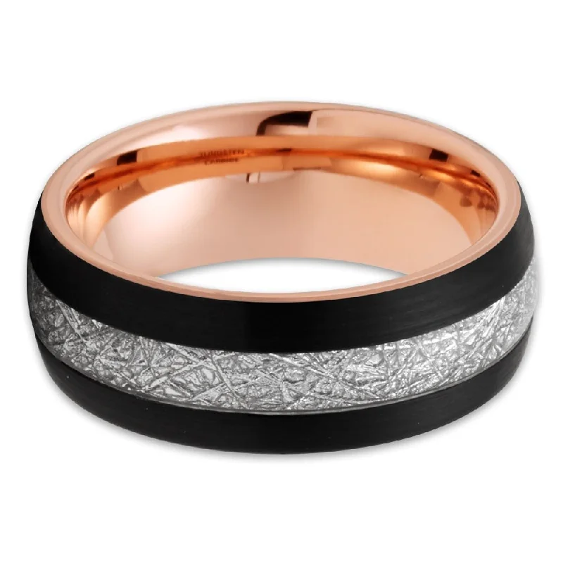 Meteorite Tungsten Wedding Ring 8Mm Rose Gold Black Inlay Comfort Fit Size 715