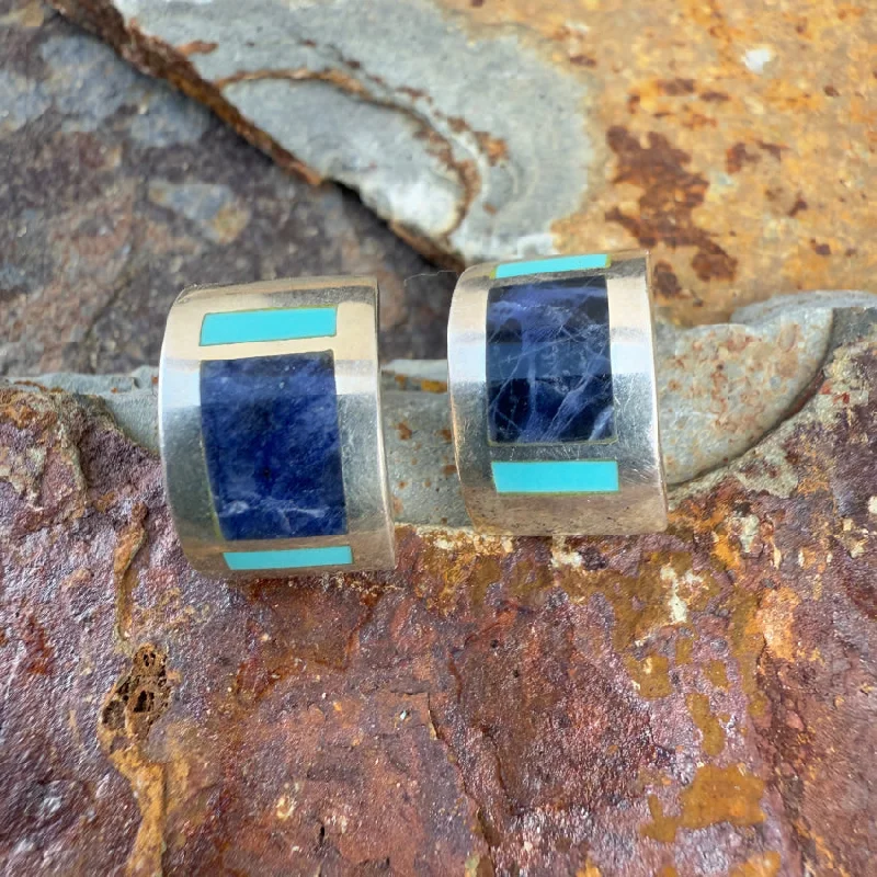 Sterling Silver Pierced Hoop Earrings Turquoise Sodalite