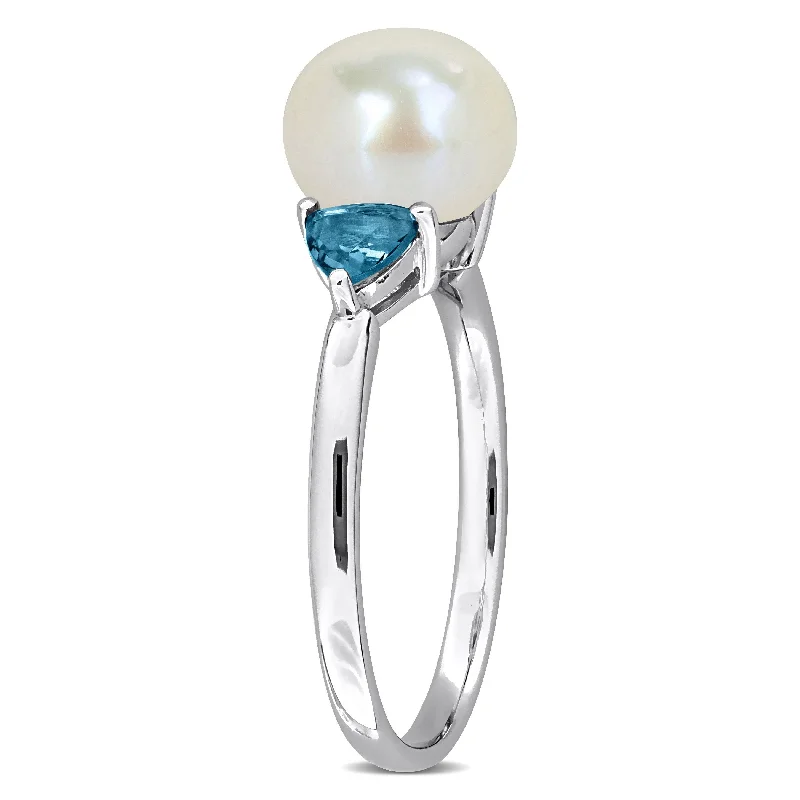 Miadora 8-8.5mm Cultured Freshwater Pearl 5/8ct TGW London Blue Topaz Ring 10k White Gold