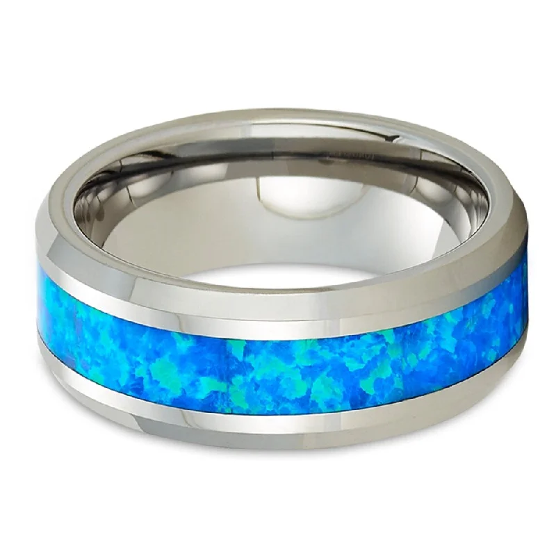 Tungsten Wedding Ring 8Mm Blue Opal Inlay Comfort Fit Cobalt Free Size 715 - Silver