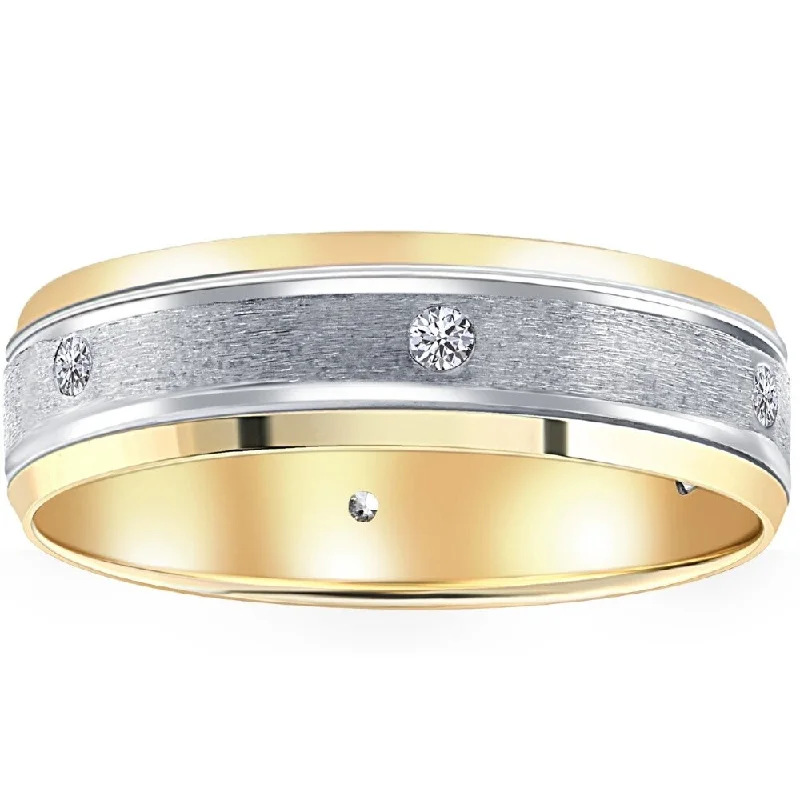 White & Yellow Gold Diamond Men's Brushed Wedding Ring