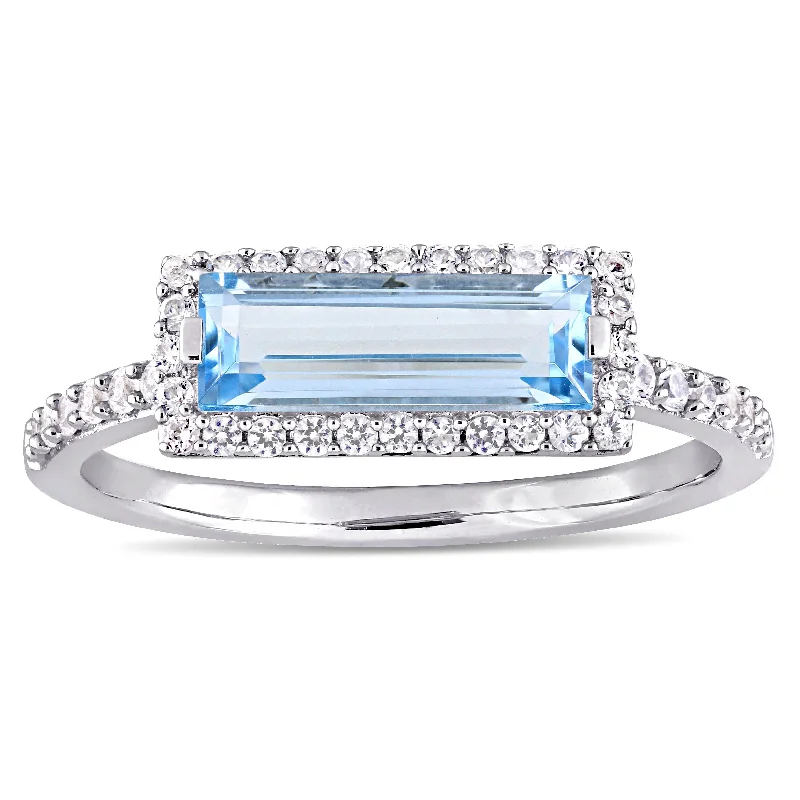 Miadora Sterling Silver Sky-Blue Topaz and White Sapphire Rectangular Halo Ring