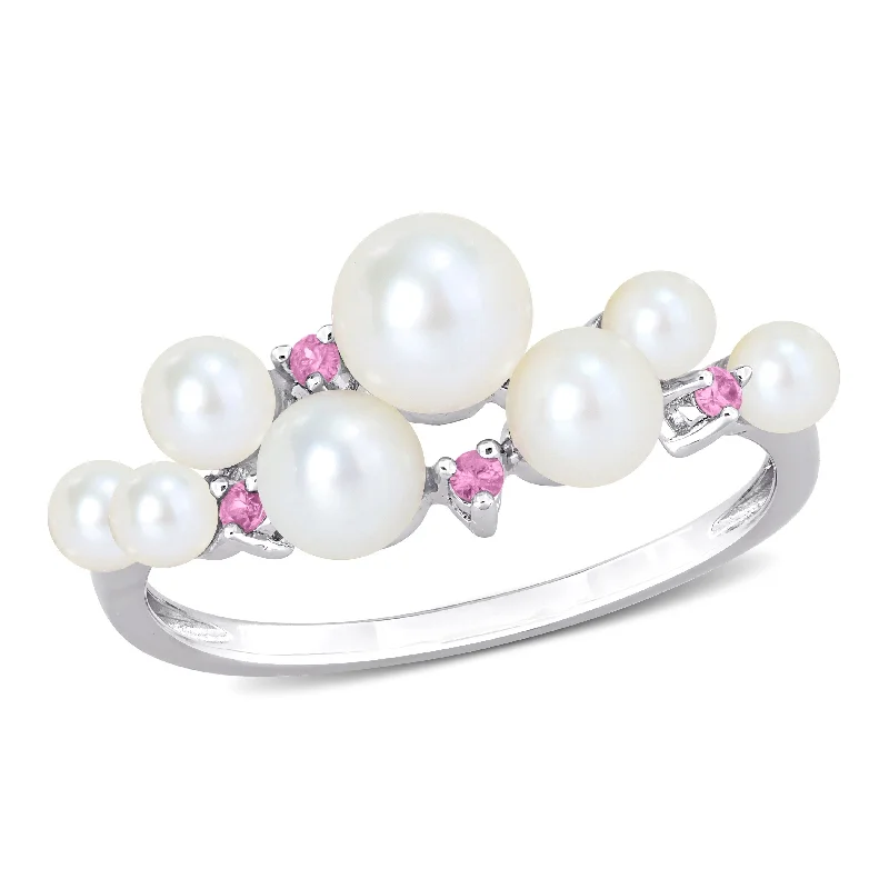 Miadora 3-5.5mm Cultured Freshwater Pearl and 1/10ct TGW Pink Sapphire Ring in Sterling Silver